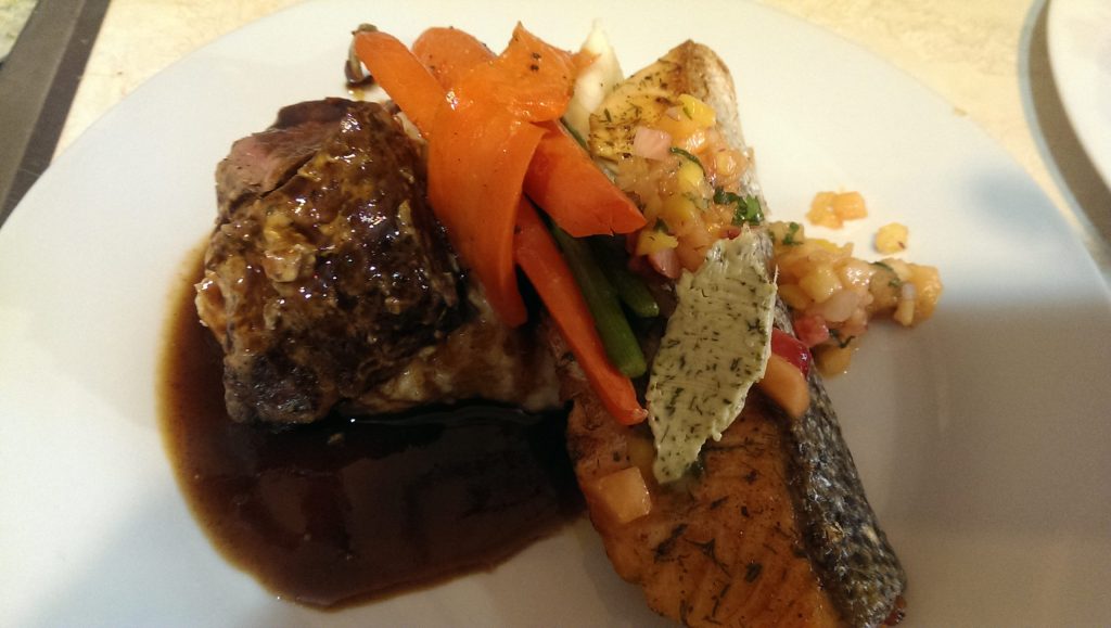 grilled salmon and blue cheese beef